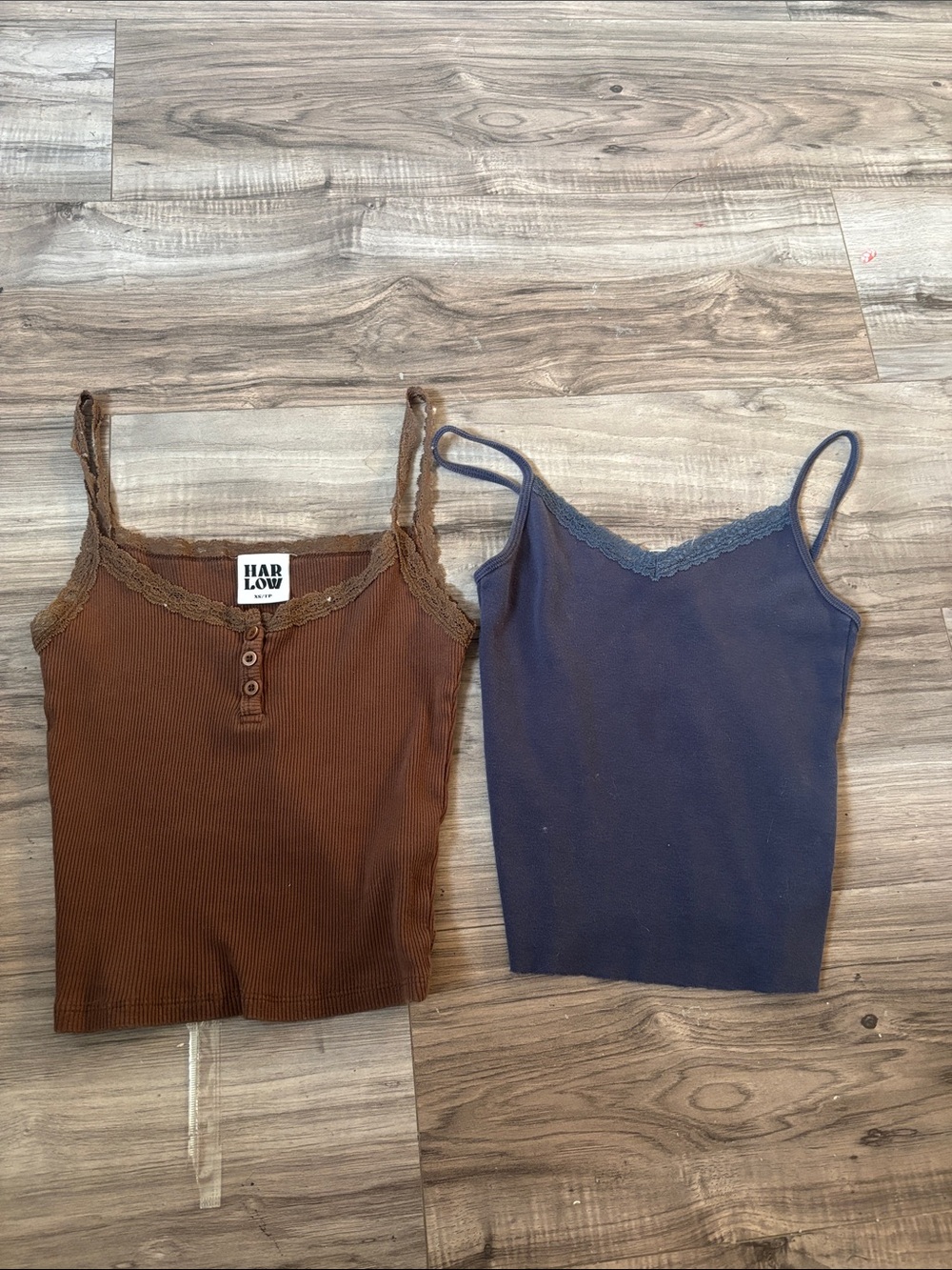 Harlow Brown and Navy Lace-Trim Ribbed Camisole Set